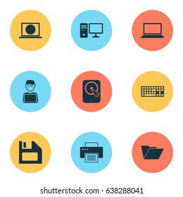 Notebook Icons Set. Collection Of Programmer, Personal Computer, Laptop And Other Elements. Also Includes Symbols Such As Dossier, Hard, Laptop.