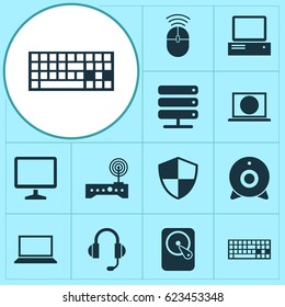 Notebook Icons Set. Collection Of Router, Database, Hdd And Other Elements. Also Includes Symbols Such As Headphone, Monitor, Defense.