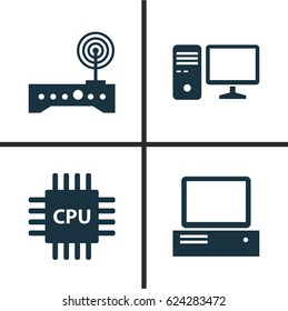 Notebook Icons Set. Collection Of Router, Monitor, Motherboard And Other Elements. Also Includes Symbols Such As Modem, PC, Computer.