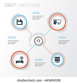Notebook Icons Set. Collection Of Router, Earphone, Diskette And Other Elements. Also Includes Symbols Such As Headphone, Floppy, Diskette.
