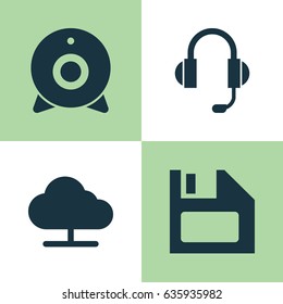 Notebook Icons Set. Collection Of Tree, Broadcast, Earphone And Other Elements. Also Includes Symbols Such As Online, Tree, Cloud.