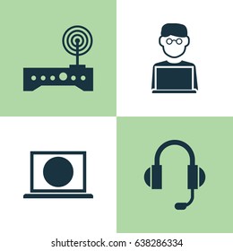 Notebook Icons Set. Collection Of Web, Earphone, Router And Other Elements. Also Includes Symbols Such As Wifi, Laptop, Screen.