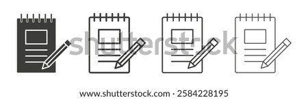 Notebook icons set. Liner outlined and flat black color