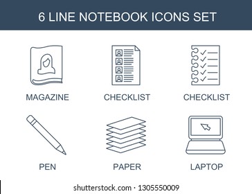 notebook icons. Trendy 6 notebook icons. Contain icons such as magazine, checklist, pen, paper, laptop. notebook icon for web and mobile.