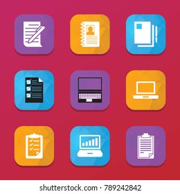 Notebook icons. vector collection filled notebook icons set.. includes symbols such as graph on laptop display, document and pen, paper. use for web, mobile and ui design.
