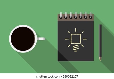 Notebook with idea or light bulb, pen and coffee cup. Flat style with long shadows. Creativity, work, insight, coffee break, inspiration concept. EPS 10 vector illustration, no transparency