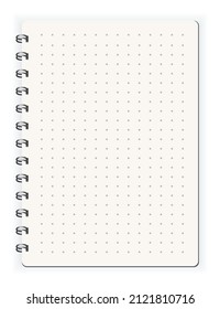 Notebook ined dots. Sketchbook blank page. Notepad vector isolated mockup. Blank mock up with shadow. Art design clean spiral notepad blank template