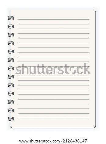 Notebook ined. Sketchbook blank page. Notepad vector isolated mockup. Blank mock up with shadow. Art design clean spiral notepad blank template