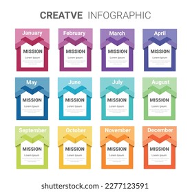 Notebook infographic template for 12 months, 1 year, can be used for noting steps or processes for business in one year, easy to present.