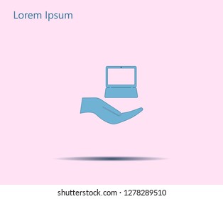 Notebook insurance sign icon. Hand holds pc laptop symbol. Circle and square buttons. Flat design set. Thank you ribbon. Vector