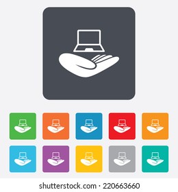 Notebook insurance sign icon. Hand holds pc laptop symbol. Rounded squares 11 buttons. Vector