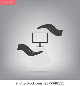 Notebook insurance sign icon. Hand holds pc laptop symbol. Circle and square buttons. Flat design set. Thank you ribbon. Vector