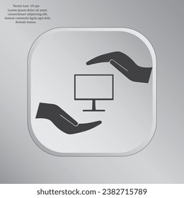 Notebook insurance sign icon. Hand holds pc laptop symbol. Circle and square buttons. Flat design set. Thank you ribbon. Vector