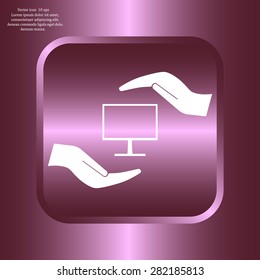 Notebook insurance sign icon. Hand holds pc laptop symbol. Circle and square buttons. Flat design set. Thank you ribbon. Vector