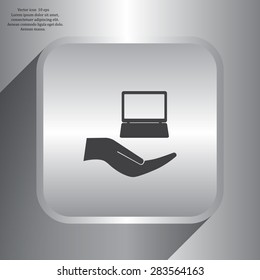 Notebook insurance sign icon. Hand holds pc laptop symbol. Circle and square buttons. Flat design set. Thank you ribbon. Vector