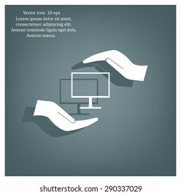 Notebook insurance sign icon. Hand holds pc laptop symbol. Circle and square buttons. Flat design set. Thank you ribbon. Vector