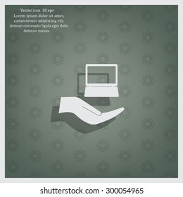 Notebook insurance sign icon. Hand holds pc laptop symbol. Circle and square buttons. Flat design set. Thank you ribbon. Vector