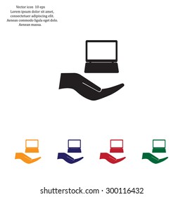 Notebook insurance sign icon. Hand holds pc laptop symbol. Circle and square buttons. Flat design set. Thank you ribbon. Vector