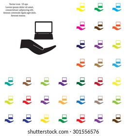 Notebook insurance sign icon. Hand holds pc laptop symbol. Circle and square buttons. Flat design set. Thank you ribbon. Vector