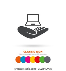 Notebook insurance sign icon. Hand holds pc laptop symbol. Classic flat icon. Colored circles. Vector