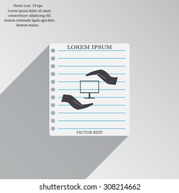 Notebook insurance sign icon. Hand holds pc laptop symbol. Circle and square buttons. Flat design set. Thank you ribbon. Vector