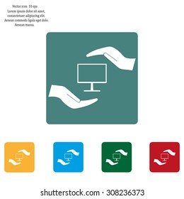 Notebook insurance sign icon. Hand holds pc laptop symbol. Circle and square buttons. Flat design set. Thank you ribbon. Vector