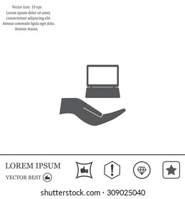 Notebook insurance sign icon. Hand holds pc laptop symbol. Circle and square buttons. Flat design set. Thank you ribbon. Vector