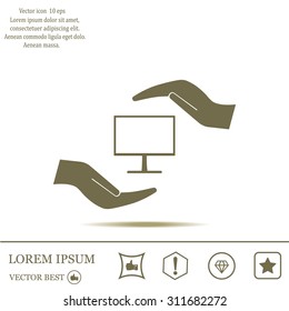 Notebook insurance sign icon. Hand holds pc laptop symbol. Circle and square buttons. Flat design set. Thank you ribbon. Vector