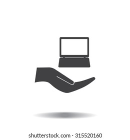 Notebook insurance sign icon. Hand holds pc laptop symbol. Circle and square buttons. Flat design set. Thank you ribbon. Vector