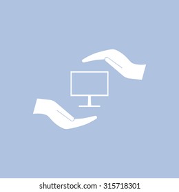 Notebook insurance sign icon. Hand holds pc laptop symbol. Circle and square buttons. Flat design set. Thank you ribbon. Vector