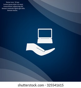 Notebook insurance sign icon. Hand holds pc laptop symbol. Circle and square buttons. Flat design set. Thank you ribbon. Vector