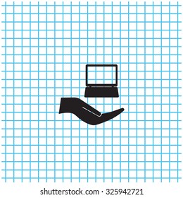 Notebook insurance sign icon. Hand holds pc laptop symbol. Circle and square buttons. Flat design set. Thank you ribbon. Vector