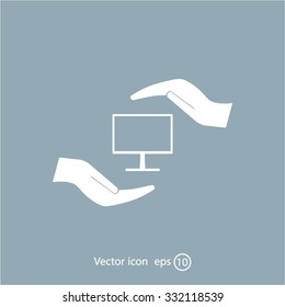 Notebook insurance sign icon. Hand holds pc laptop symbol. Circle and square buttons. Flat design set. Thank you ribbon. Vector