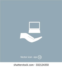 Notebook insurance sign icon. Hand holds pc laptop symbol. Circle and square buttons. Flat design set. Thank you ribbon. Vector