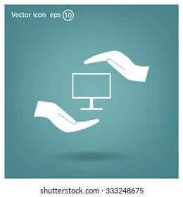 Notebook insurance sign icon. Hand holds pc laptop symbol. Circle and square buttons. Flat design set. Thank you ribbon. Vector