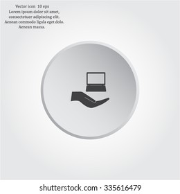 Notebook insurance sign icon. Hand holds pc laptop symbol. Circle and square buttons. Flat design set. Thank you ribbon. Vector