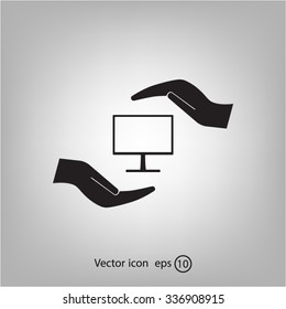 Notebook insurance sign icon. Hand holds pc laptop symbol. Circle and square buttons. Flat design set. Thank you ribbon. Vector