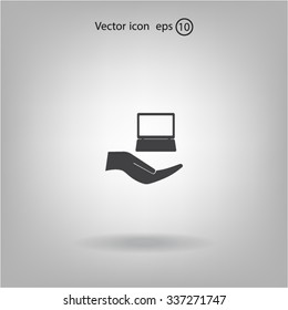 Notebook insurance sign icon. Hand holds pc laptop symbol. Circle and square buttons. Flat design set. Thank you ribbon. Vector