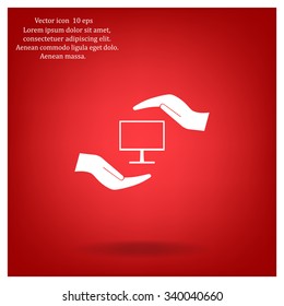 Notebook insurance sign icon. Hand holds pc laptop symbol. Circle and square buttons. Flat design set. Thank you ribbon. Vector