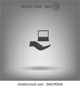 Notebook insurance sign icon. Hand holds pc laptop symbol. Circle and square buttons. Flat design set. Thank you ribbon. Vector