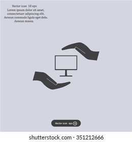 Notebook insurance sign icon. Hand holds pc laptop symbol. Circle and square buttons. Flat design set. Thank you ribbon. Vector
