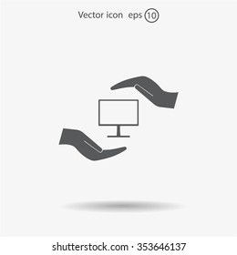 Notebook insurance sign icon. Hand holds pc laptop symbol. Circle and square buttons. Flat design set. Thank you ribbon. Vector
