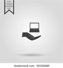 Notebook insurance sign icon. Hand holds pc laptop symbol. Circle and square buttons. Flat design set. Thank you ribbon. Vector