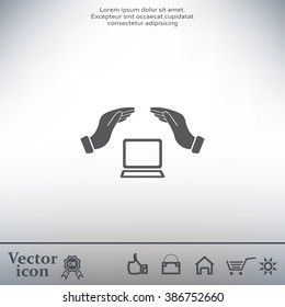 Notebook insurance sign icon. Hand holds pc laptop symbol.