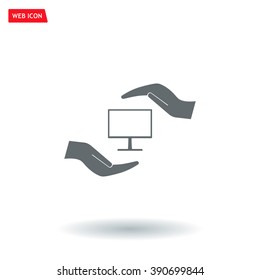 Notebook insurance sign icon. Hand holds pc laptop symbol. Circle and square buttons. Flat design set. Thank you ribbon. Vector