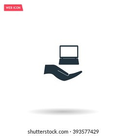 Notebook insurance sign icon. Hand holds pc laptop symbol. Circle and square buttons. Flat design set. Thank you ribbon. Vector
