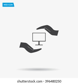 Notebook insurance sign icon. Hand holds pc laptop symbol. Circle and square buttons. Flat design set. Thank you ribbon. Vector