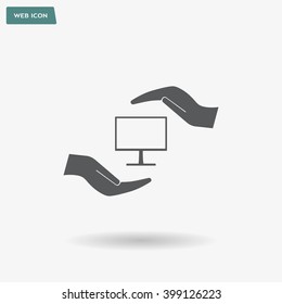 Notebook insurance sign icon. Hand holds pc laptop symbol. Circle and square buttons. Flat design set. Thank you ribbon. Vector