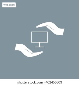 Notebook insurance sign icon. Hand holds pc laptop symbol. Circle and square buttons. Flat design set. Thank you ribbon. Vector