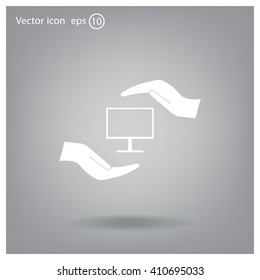 Notebook insurance sign icon. Hand holds pc laptop symbol. Circle and square buttons. Flat design set. Thank you ribbon. Vector